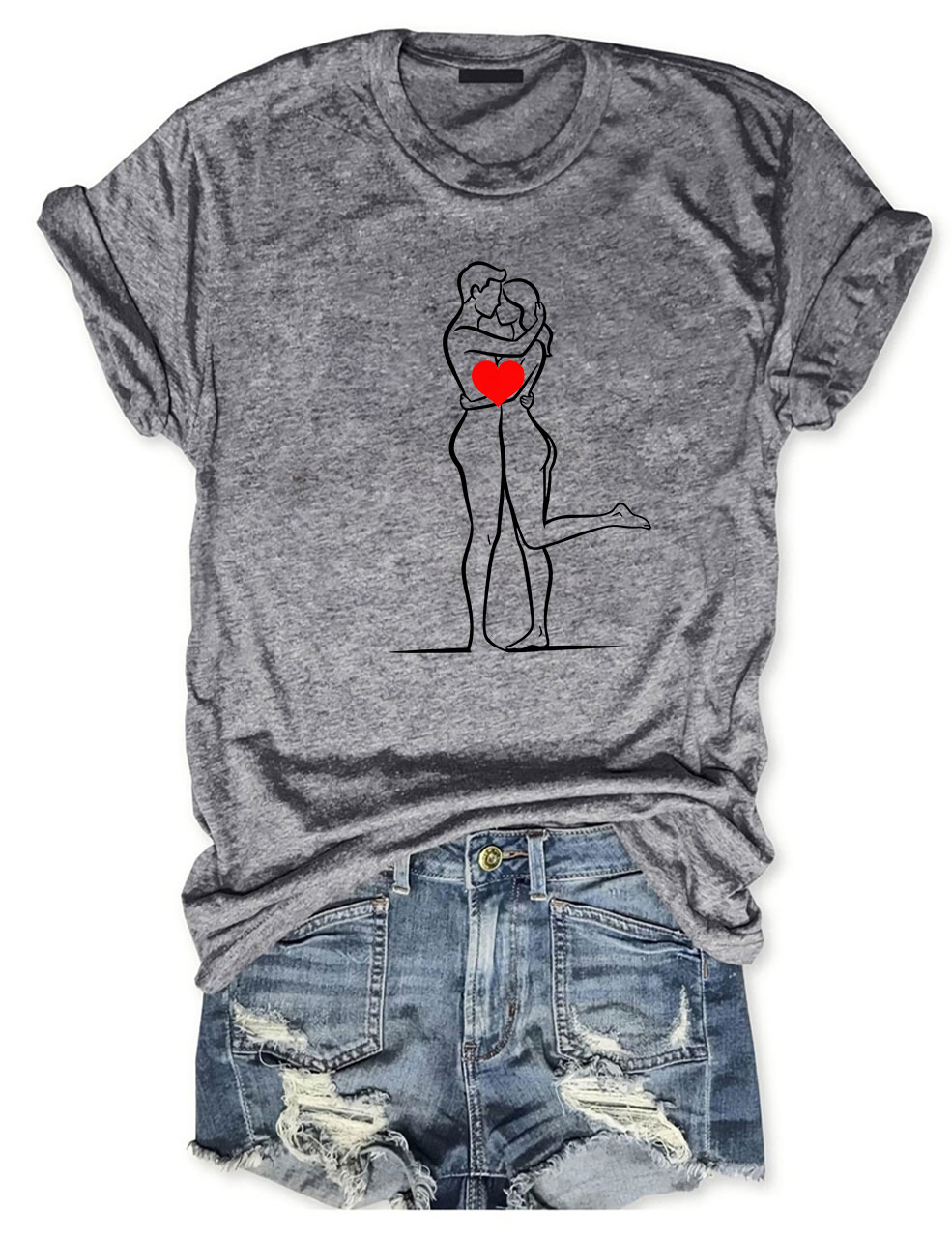Minimalist Couple Hug Line Funny T-Shirt