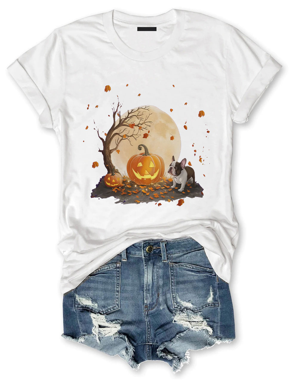 Halloween Pumpkin and Full Moon Cute French Bulldog T-shirt