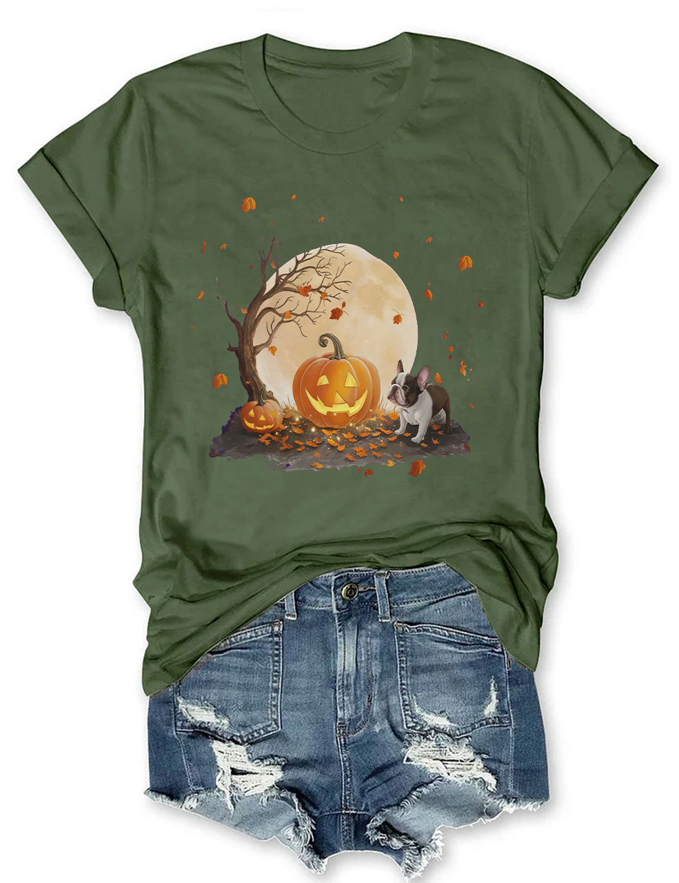 Halloween Pumpkin and Full Moon Cute French Bulldog T-shirt