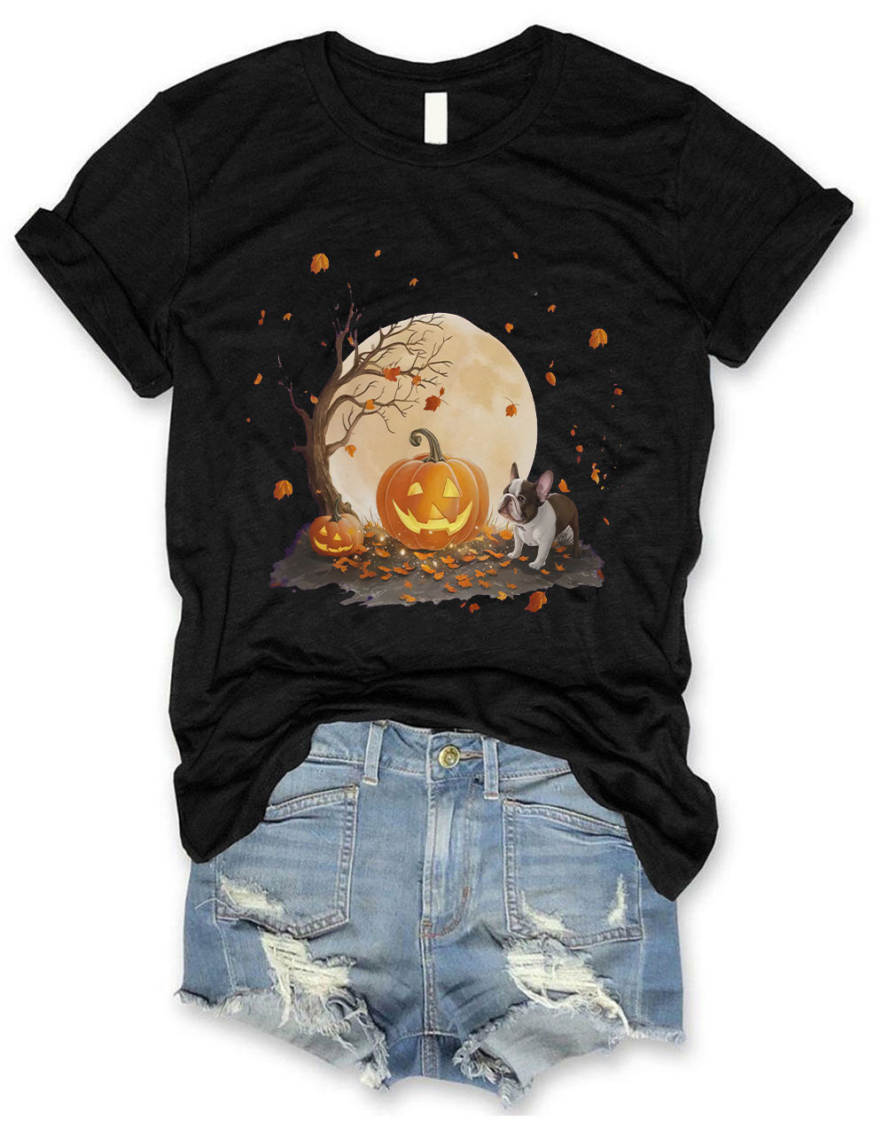 Halloween Pumpkin and Full Moon Cute French Bulldog T-shirt