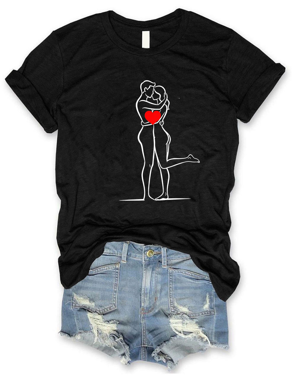 Minimalist Couple Hug Line Funny T-Shirt