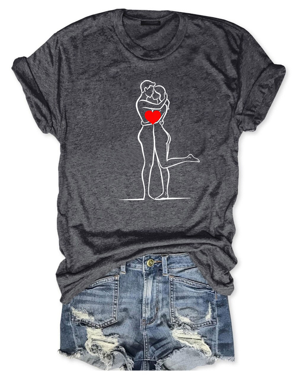 Minimalist Couple Hug Line Funny T-Shirt