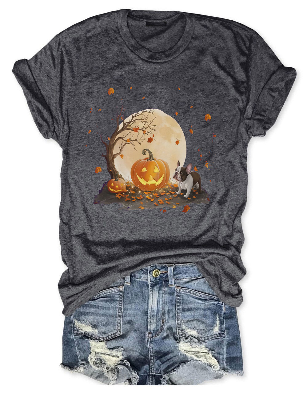 Halloween Pumpkin and Full Moon Cute French Bulldog T-shirt