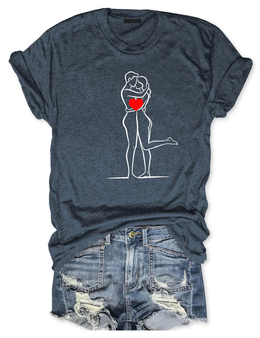 Minimalist Couple Hug Line Funny T-Shirt