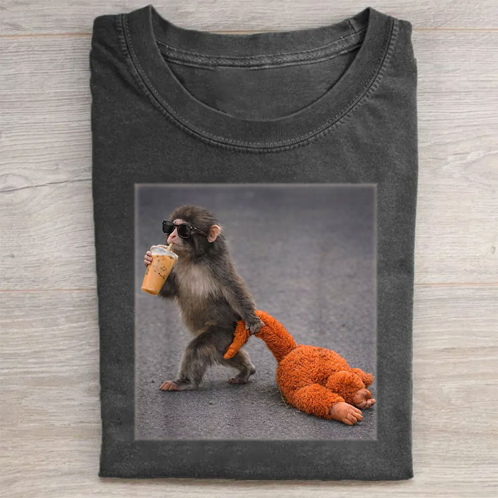 Baby Monkey Punch with Plush Toy Washed T-shirt