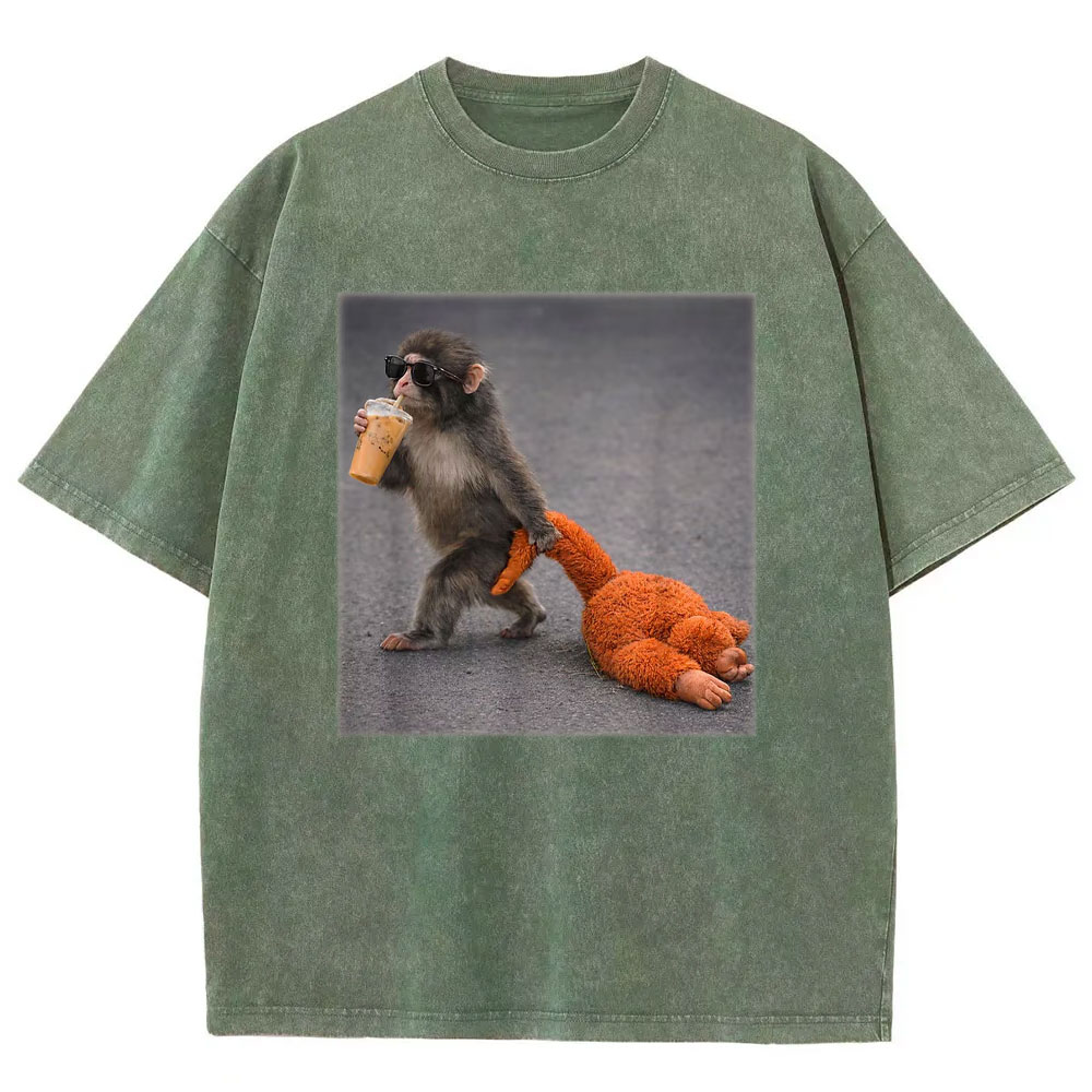 Baby Monkey Punch with Plush Toy Washed T-shirt