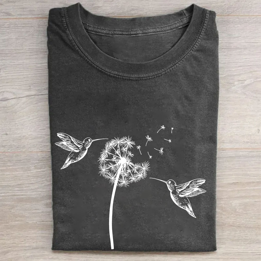 Cute Dandelion Hummingbird Unisex Funny Washed T-shirt