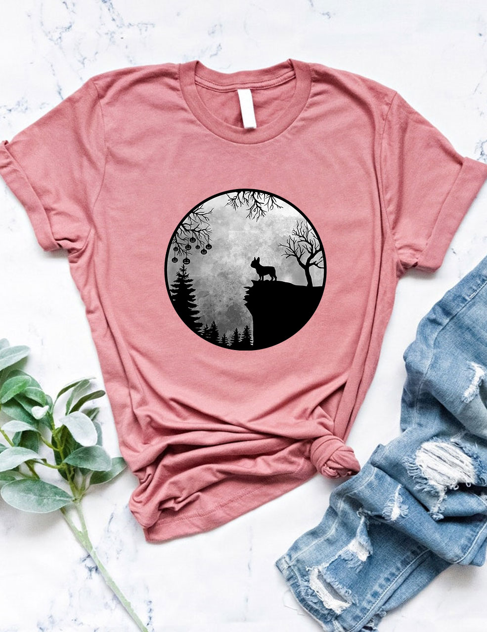 Moon Halloween Spooky Frenchie Dog Funny T-shirt
