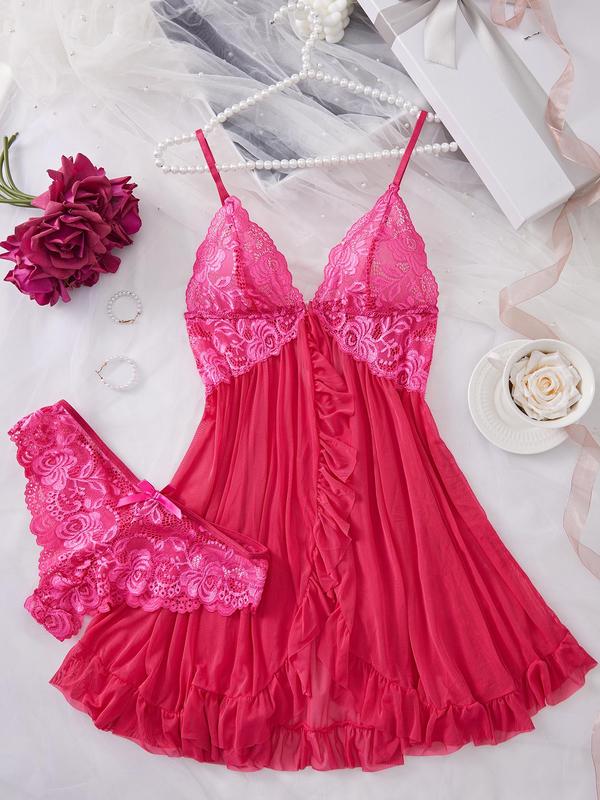 Ladies' sexy ruffle trim Cami nightdress & Bow decor panty set
