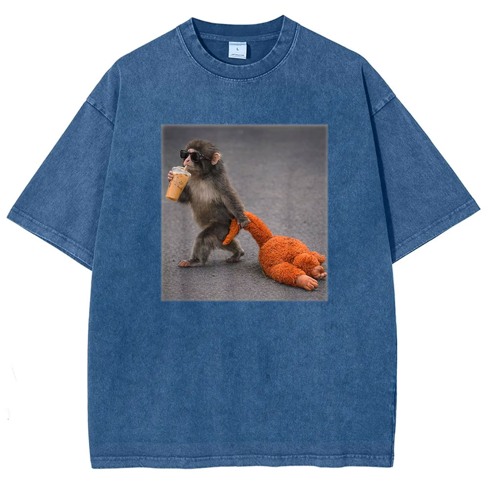 Baby Monkey Punch with Plush Toy Washed T-shirt