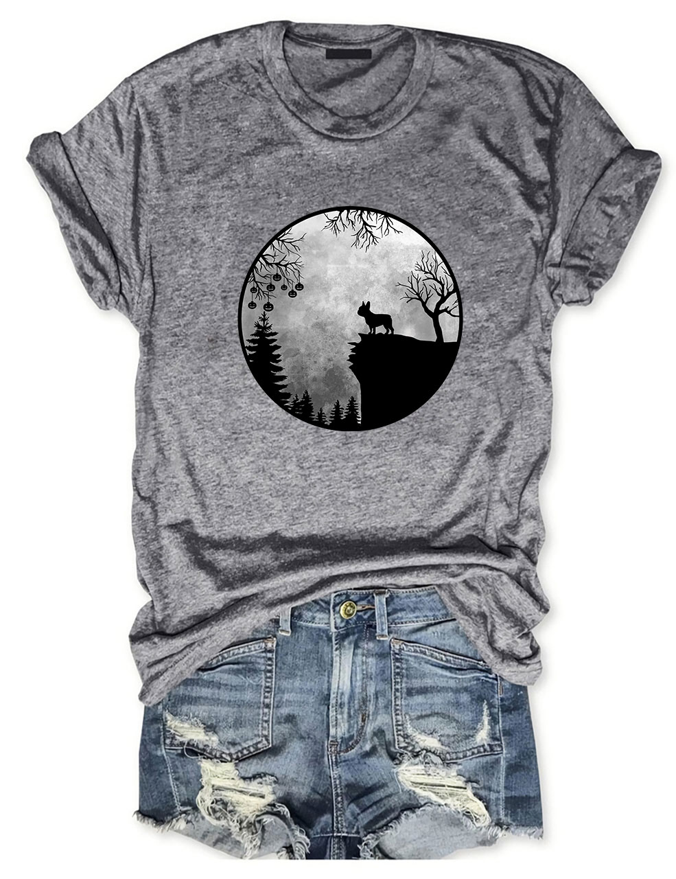 Moon Halloween Spooky Frenchie Dog Funny T-shirt