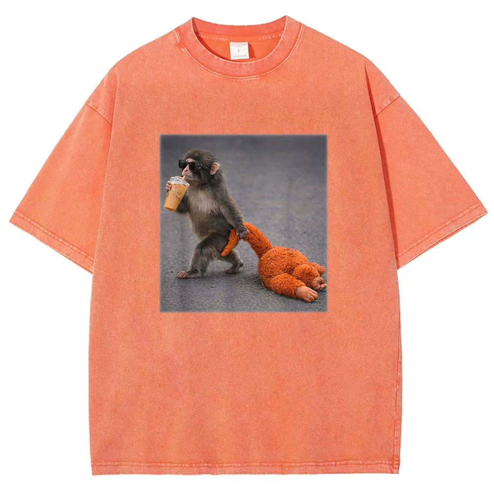 Baby Monkey Punch with Plush Toy Washed T-shirt