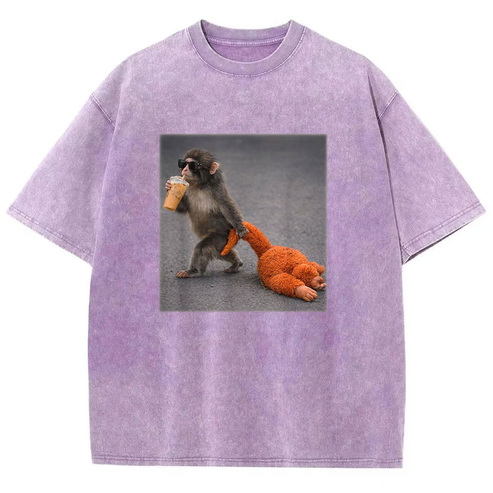 Baby Monkey Punch with Plush Toy Washed T-shirt