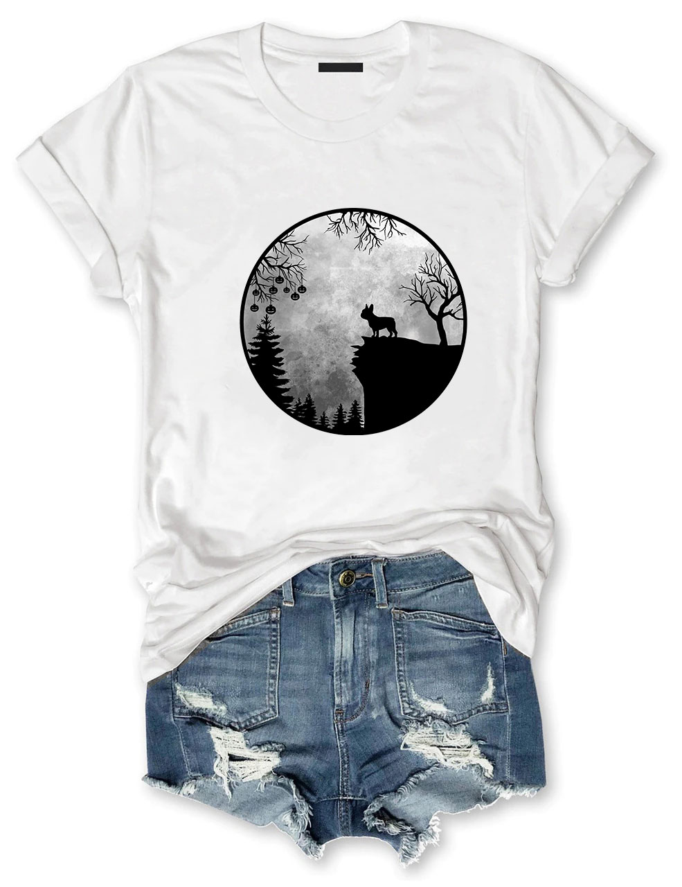 Moon Halloween Spooky Frenchie Dog Funny T-shirt