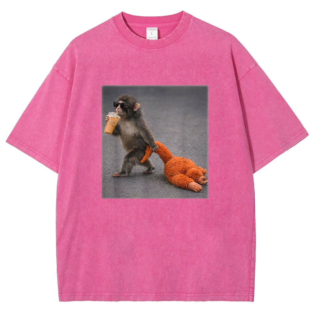 Baby Monkey Punch with Plush Toy Washed T-shirt