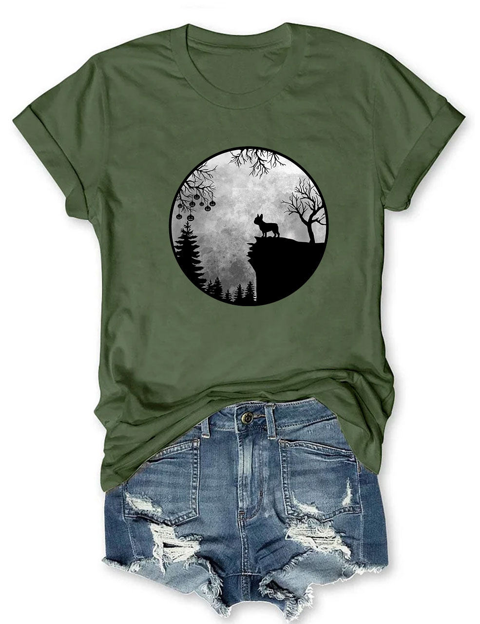 Moon Halloween Spooky Frenchie Dog Funny T-shirt