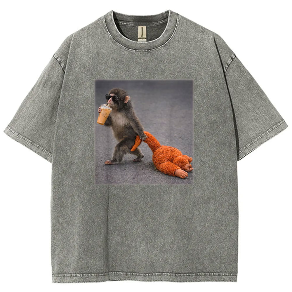 Baby Monkey Punch with Plush Toy Washed T-shirt