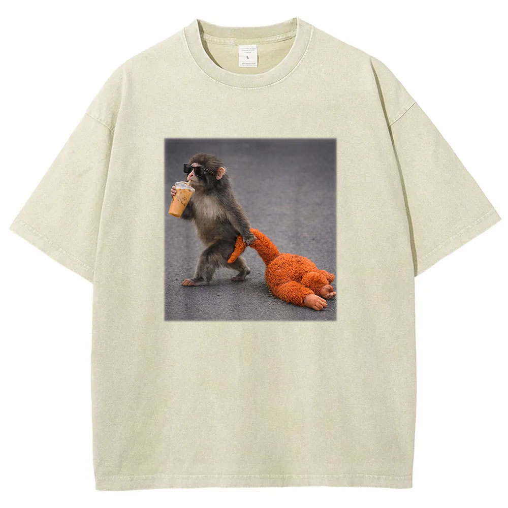 Baby Monkey Punch with Plush Toy Washed T-shirt