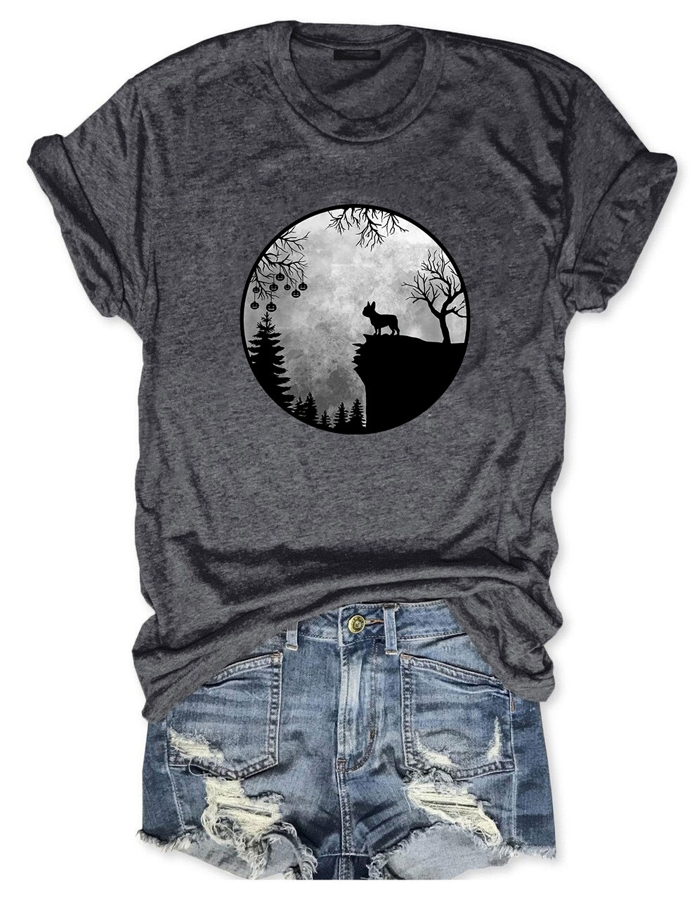 Moon Halloween Spooky Frenchie Dog Funny T-shirt