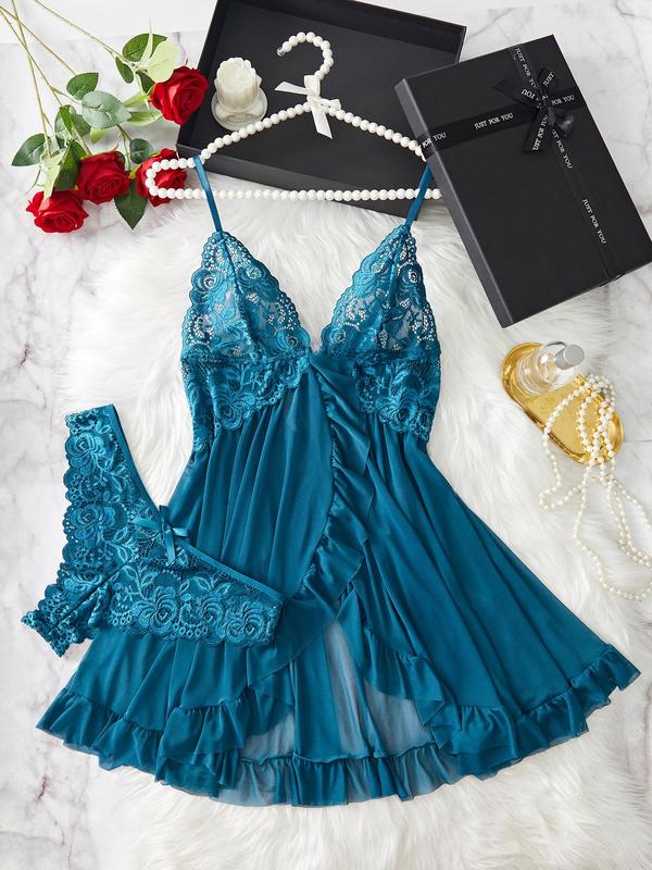 Ladies' sexy ruffle trim Cami nightdress & Bow decor panty set