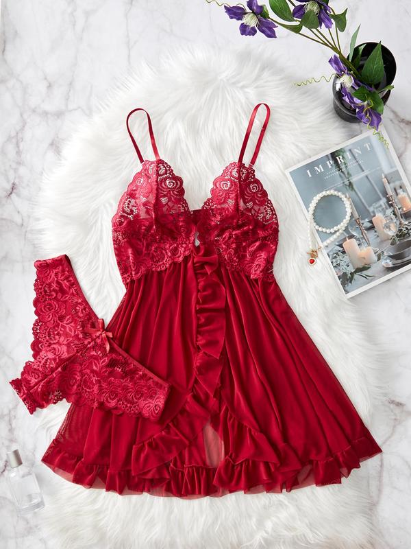 Ladies' sexy ruffle trim Cami nightdress & Bow decor panty set
