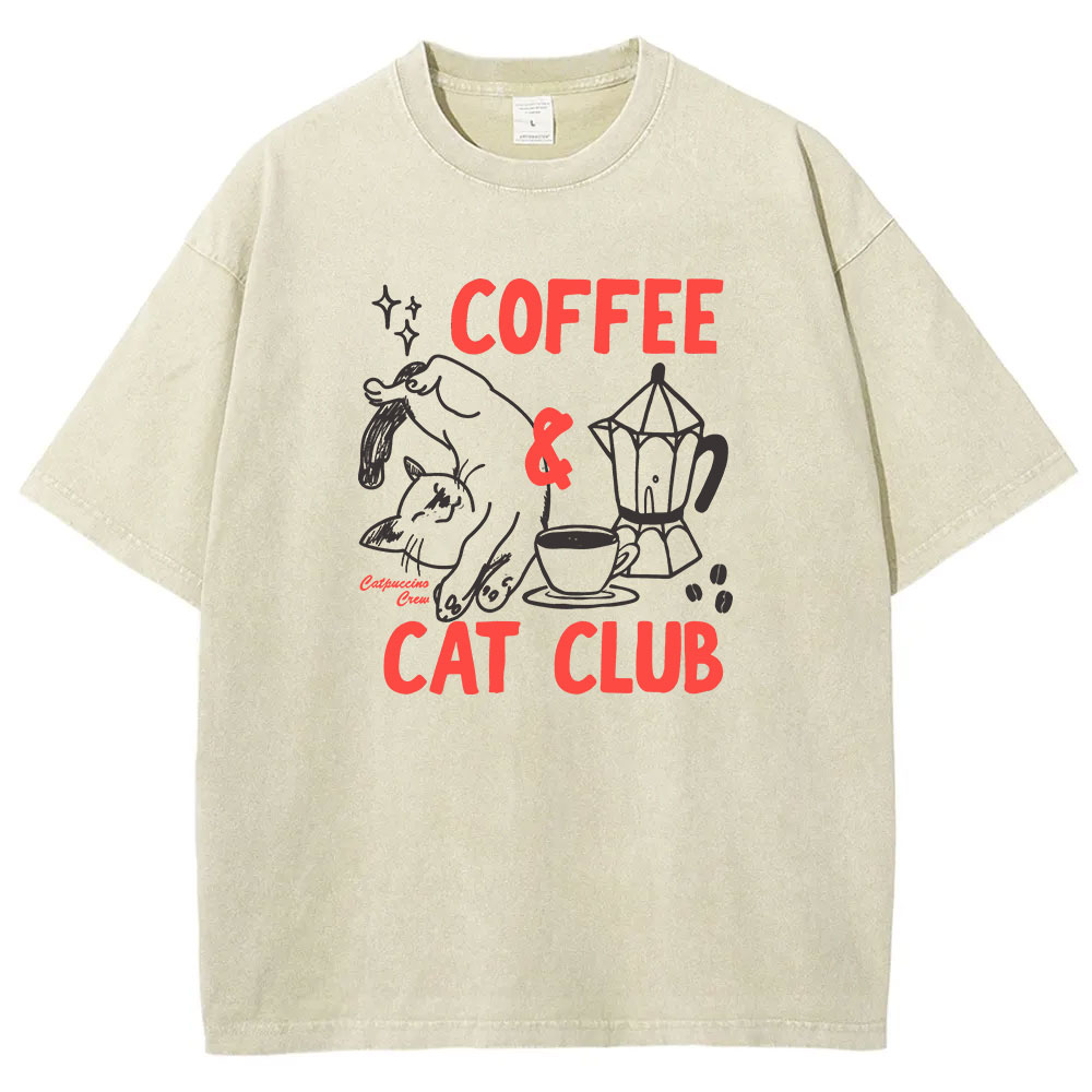Coffee Cat Club Funny Washed T-shirt