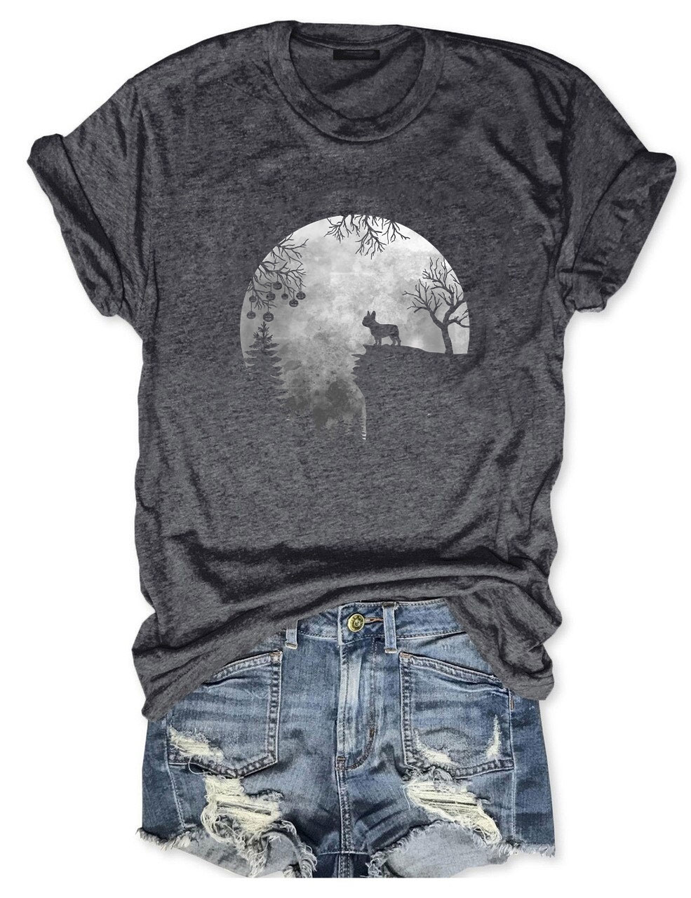 Moon Halloween Spooky Frenchie Dog T-shirt