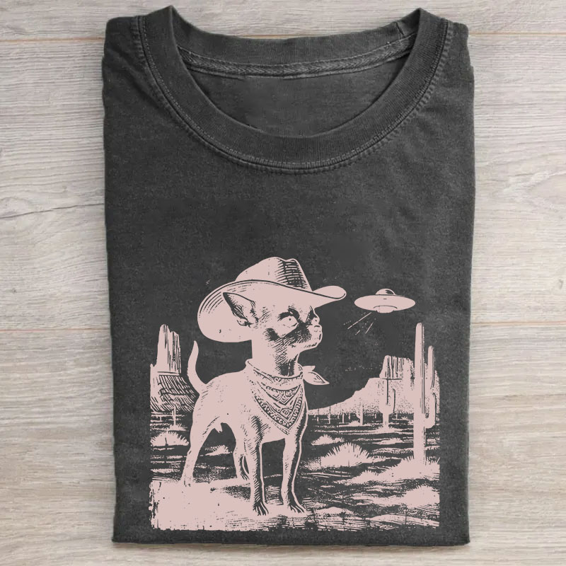 Vintage Chihuahua UFO Alien Cowboy T-shirt