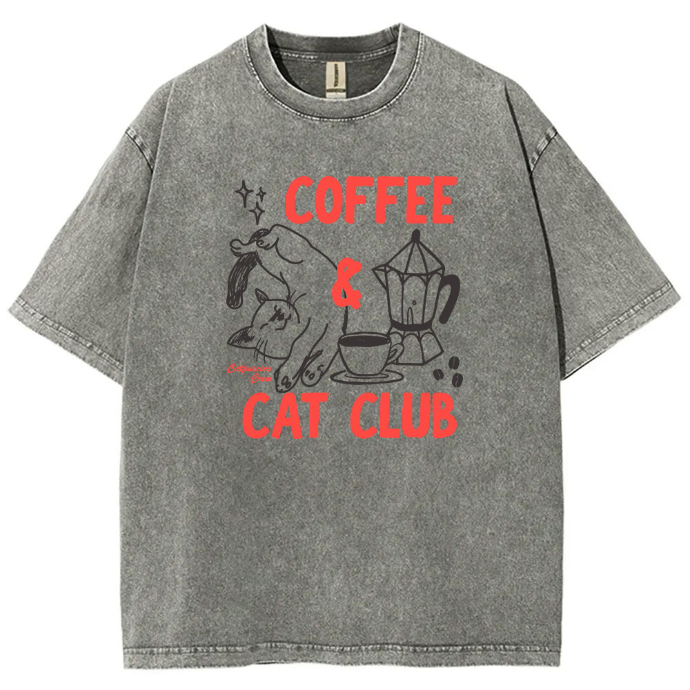 Coffee Cat Club Funny Washed T-shirt