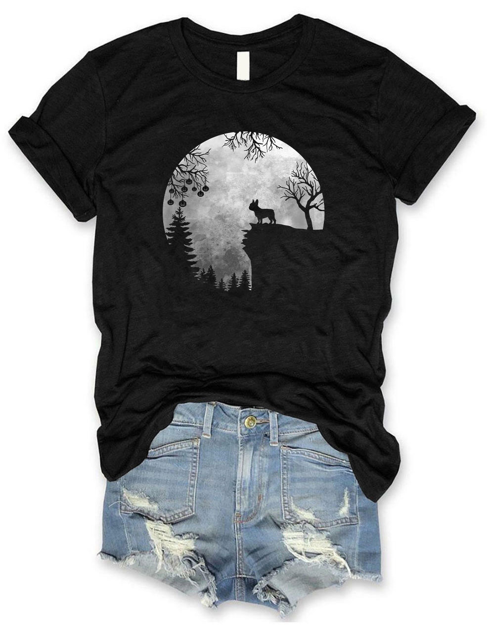 Moon Halloween Spooky Frenchie Dog T-shirt
