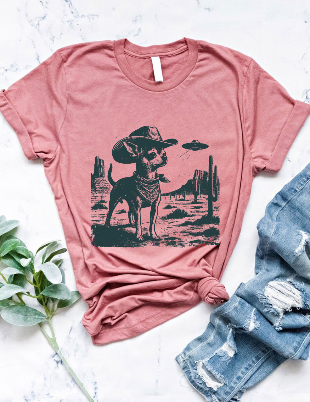Vintage Chihuahua UFO Alien Cowboy T-shirt