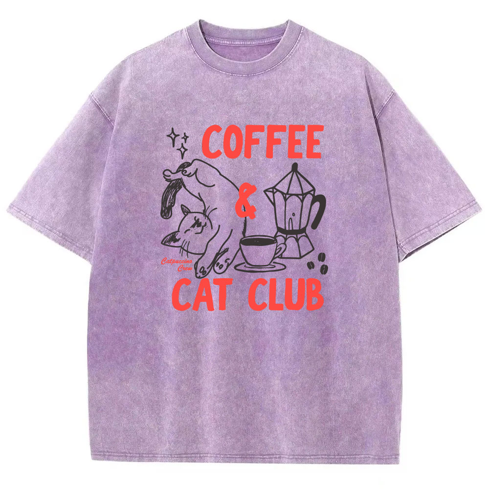 Coffee Cat Club Funny Washed T-shirt
