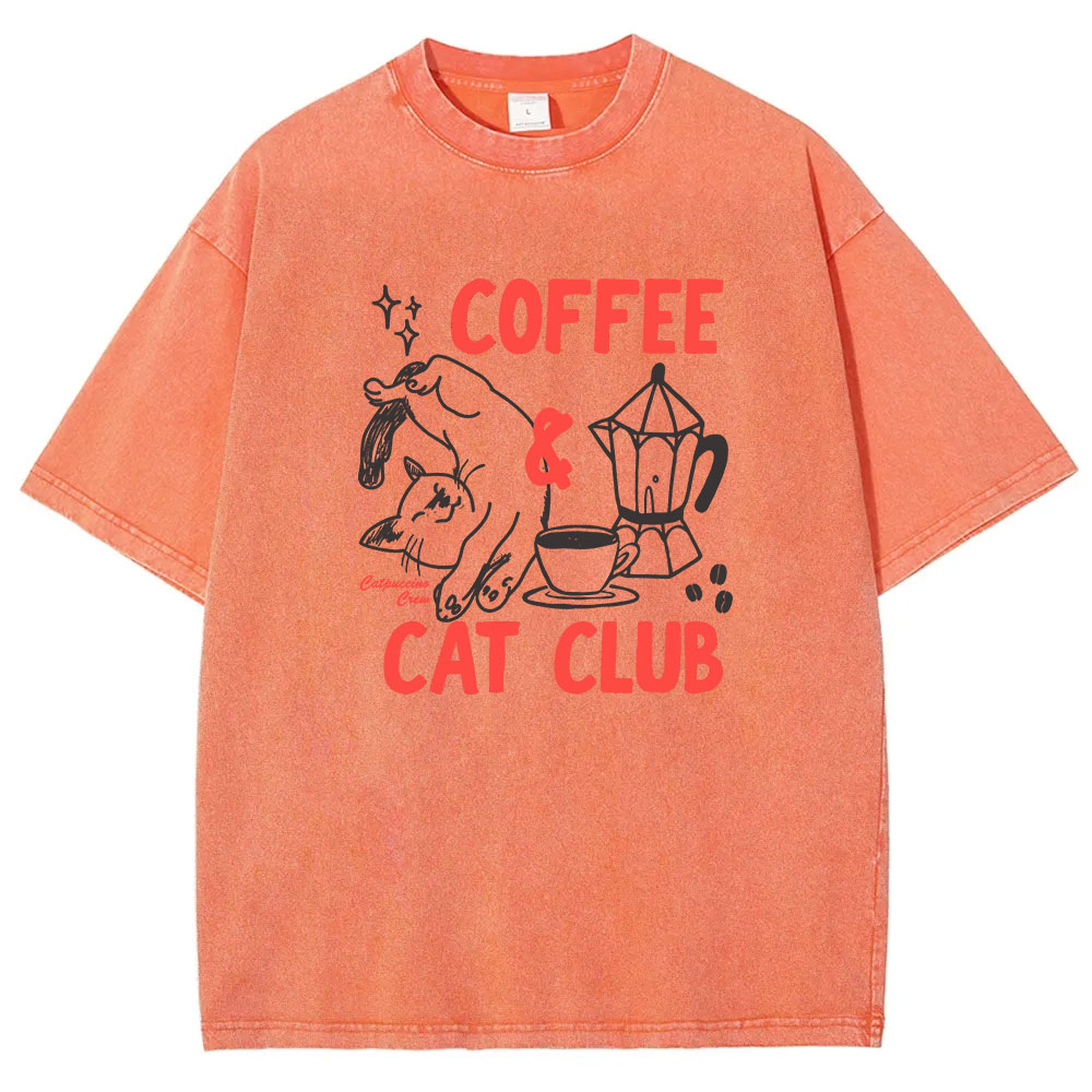 Coffee Cat Club Funny Washed T-shirt