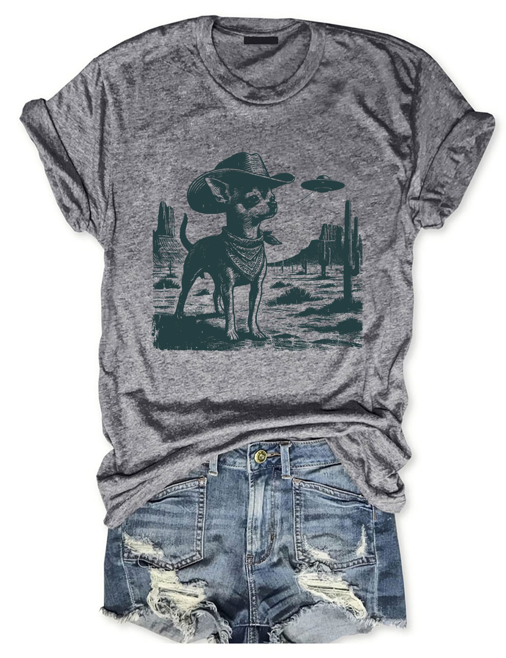Vintage Chihuahua UFO Alien Cowboy T-shirt