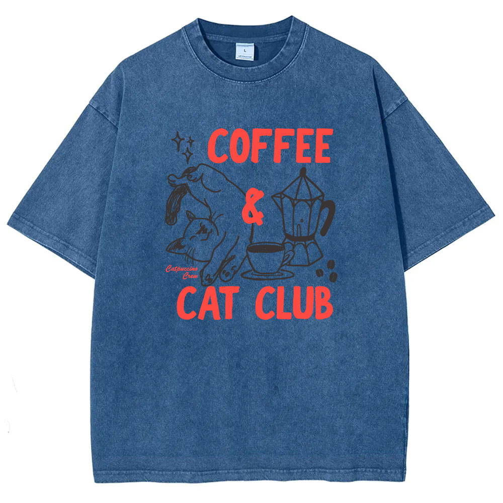 Coffee Cat Club Funny Washed T-shirt