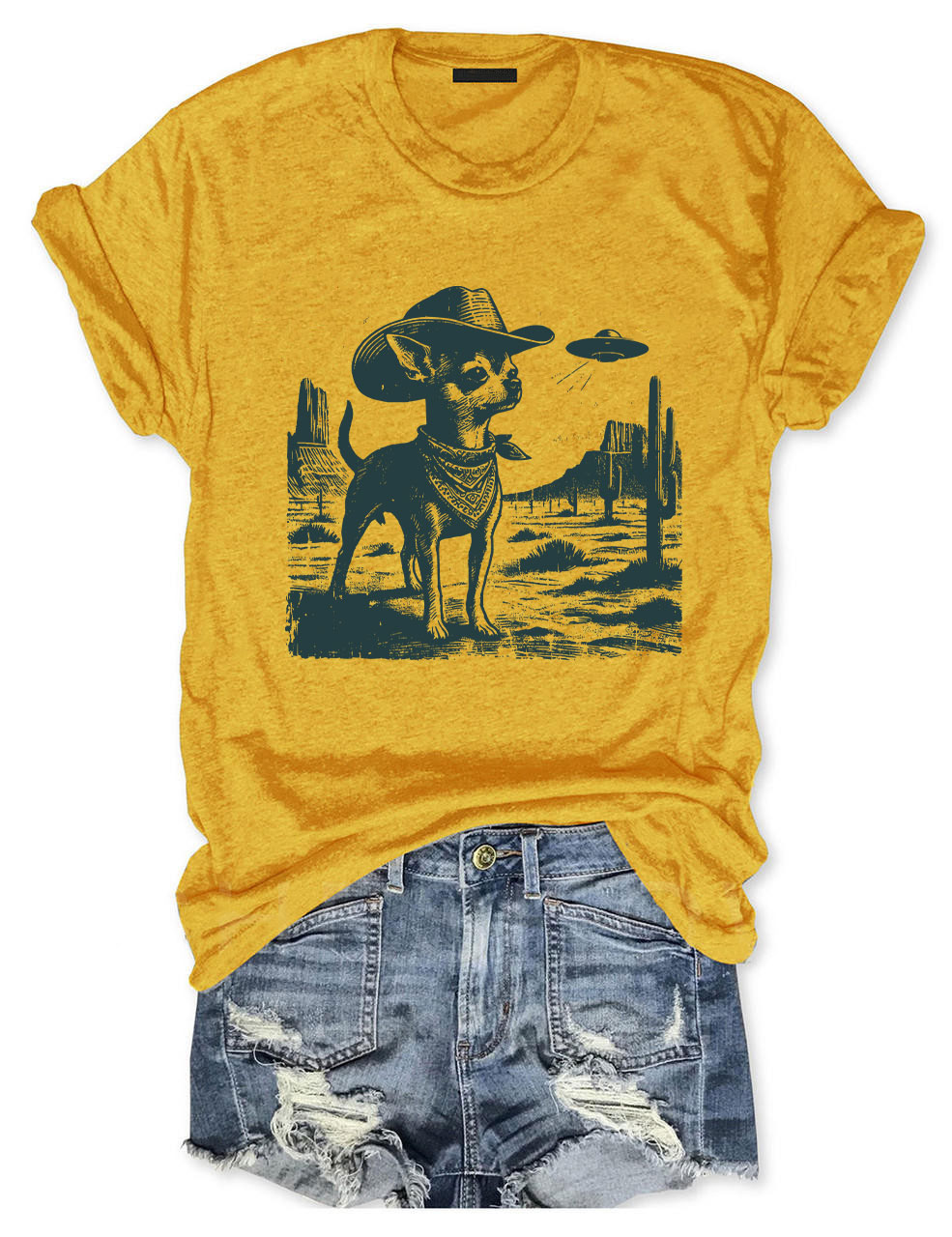 Vintage Chihuahua UFO Alien Cowboy T-shirt