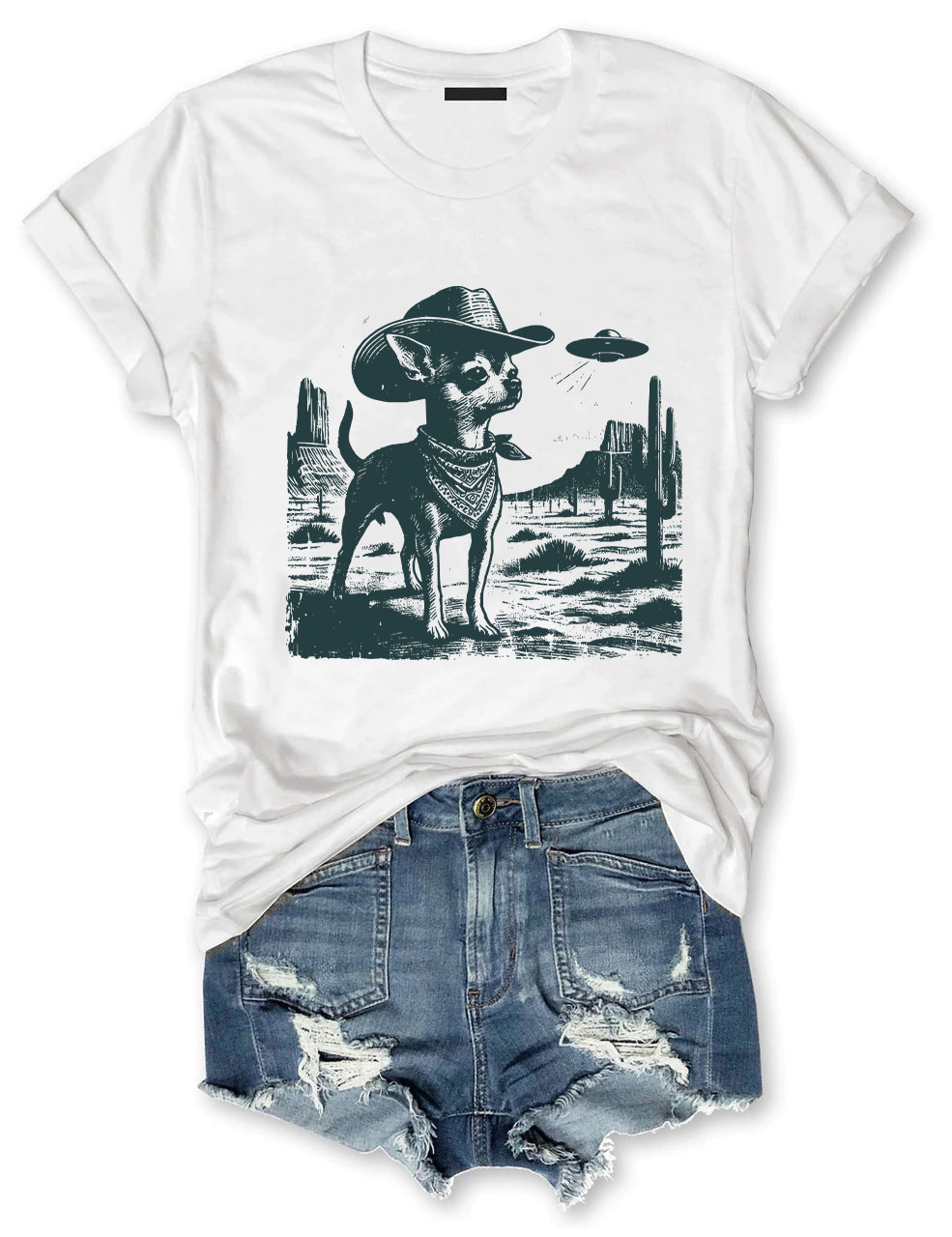 Vintage Chihuahua UFO Alien Cowboy T-shirt