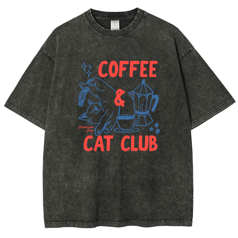 Coffee Cat Club Funny Washed T-shirt