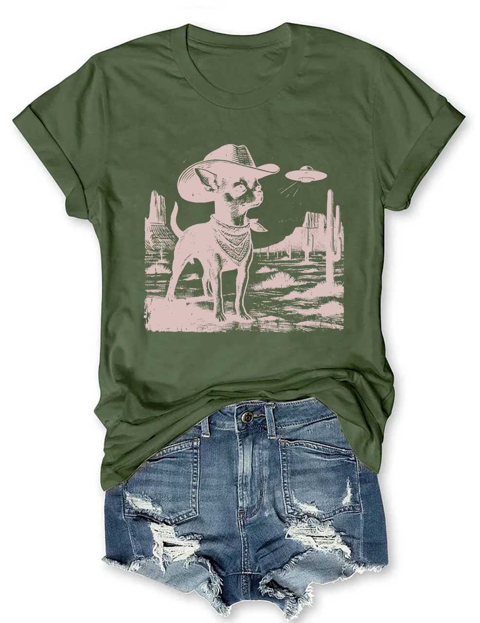 Vintage Chihuahua UFO Alien Cowboy T-shirt