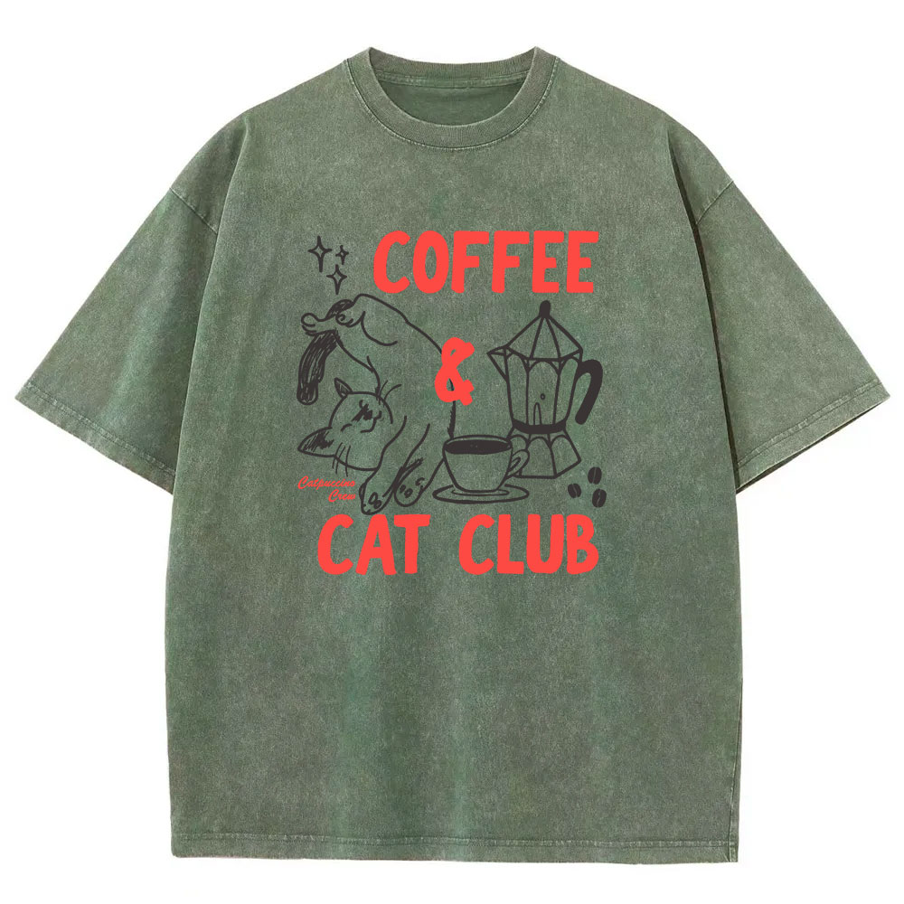 Coffee Cat Club Funny Washed T-shirt