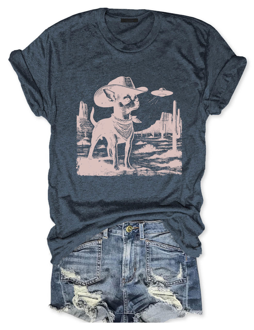 Vintage Chihuahua UFO Alien Cowboy T-shirt