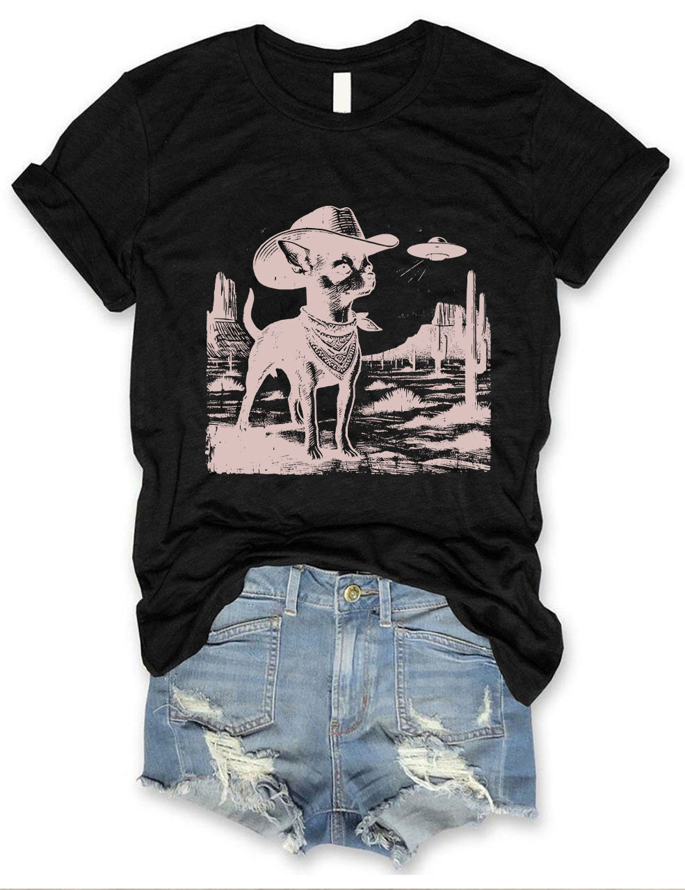 Vintage Chihuahua UFO Alien Cowboy T-shirt