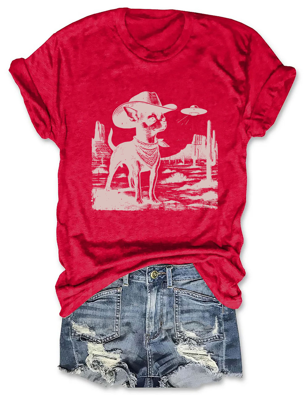 Vintage Chihuahua UFO Alien Cowboy T-shirt
