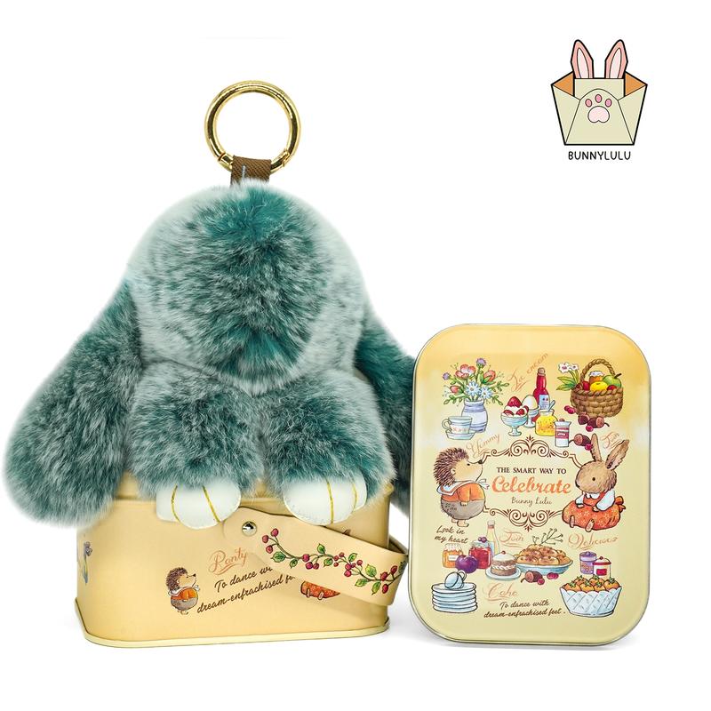 【BunnyLulu】Handmade Bunny PomPom Keychain with Designed Tin Box, Easter Birthday Gift, Charm Accessory for Anxiety Relief