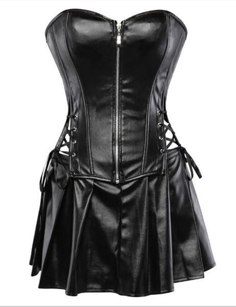 Lace Up Overbust Leather Corset & Skirt