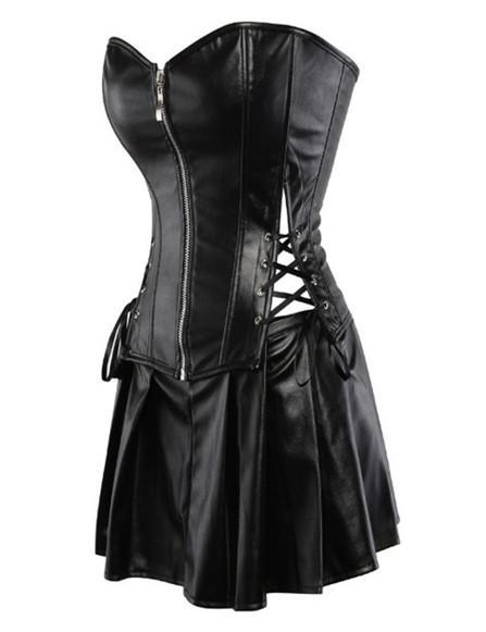 Lace Up Overbust Leather Corset & Skirt