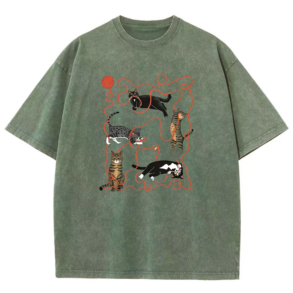 Yarn Ball Cat Funny Washed T-shirt