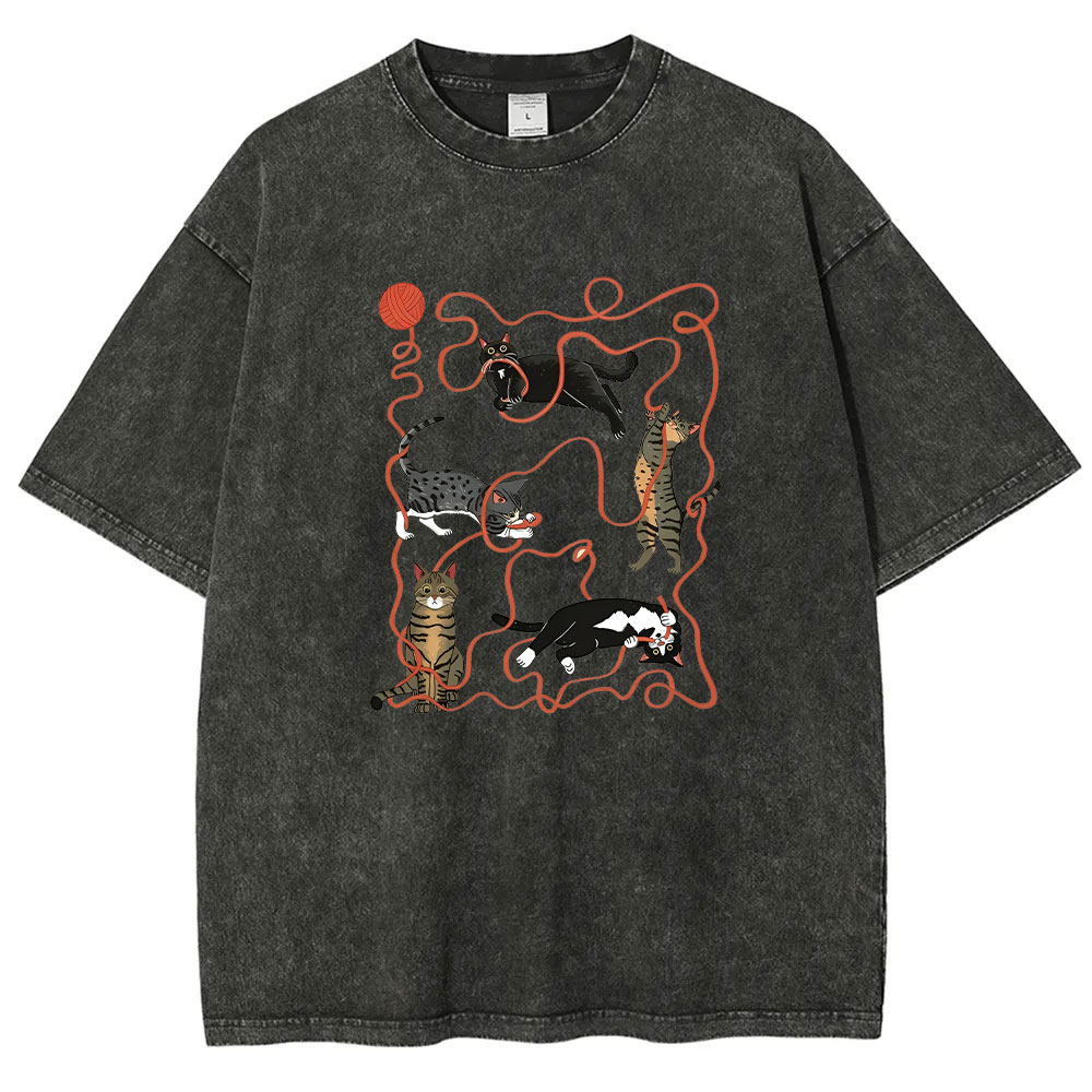 Yarn Ball Cat Funny Washed T-shirt
