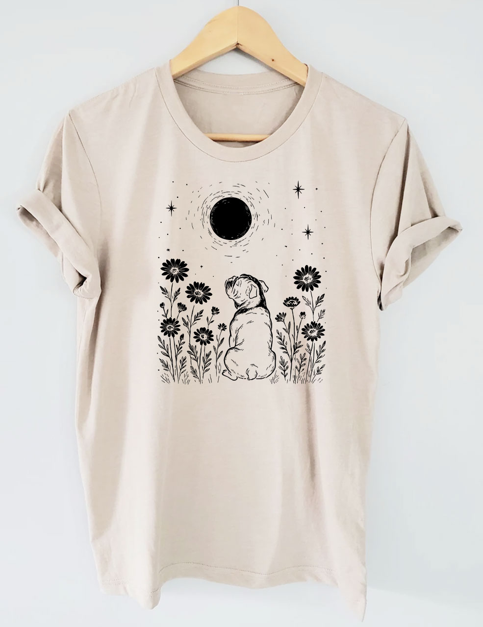 Minimalist Boho Bulldog Night Flower Funny T-shirt