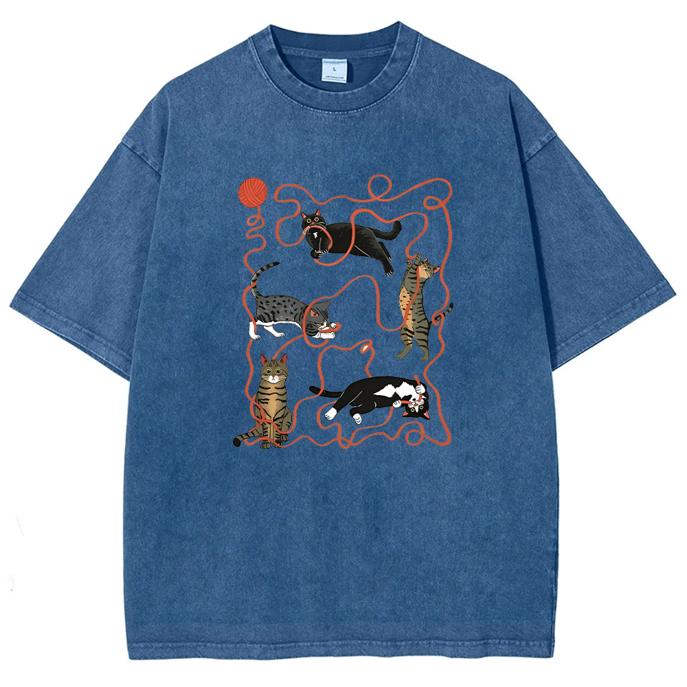 Yarn Ball Cat Funny Washed T-shirt